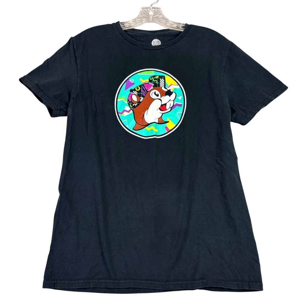 Buc-ee's Mens‎ M Black T-Shirt Buc-ee Says Relax Neon 80s Retro Graphic Tee